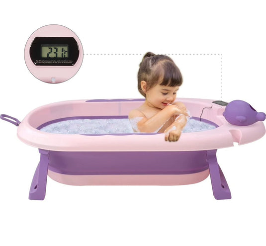 Cadita bebelusi pliabila cu pernuta UniqViBE®, termometru incorporat, cana pentru clatire tip jucarie, suport cap de dus si pentru sapun, 2 ratuste si casca protectie incluse, picioare antiderapante, design Ergonomic, Purple Royal