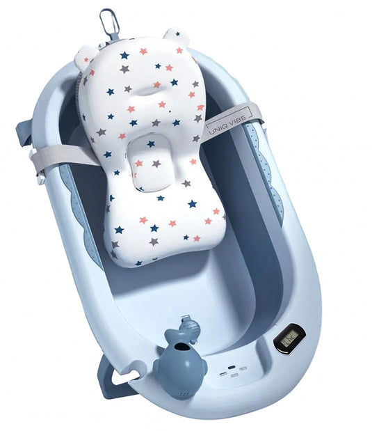 Cadita bebelusi pliabila cu pernuta UniqViBE®, termometru incorporat, cana pentru clatire tip jucarie, suport cap de dus si pentru sapun, cu perna din material hipoalergenic, lavabil cu uscare rapida, picioare antiderapante, design Ergonomic, Blue Royal