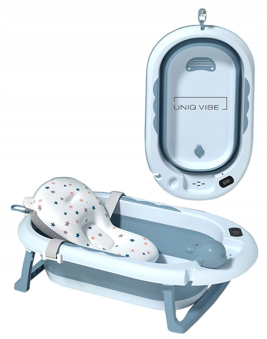 Cadita bebelusi pliabila cu pernuta UniqViBE®, termometru incorporat, cana pentru clatire tip jucarie, suport cap de dus si pentru sapun, cu perna din material hipoalergenic, lavabil cu uscare rapida, picioare antiderapante, design Ergonomic, Blue Royal