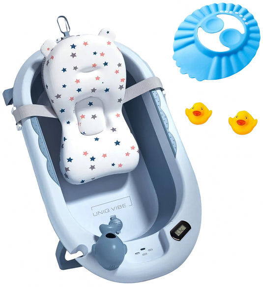 Cadita bebelusi pliabila cu pernuta UniqViBE®, termometru incorporat, cana pentru clatire tip jucarie, suport cap de dus si pentru sapun, cu perna din material hipoalergenic, lavabil cu uscare rapida, picioare antiderapante, design Ergonomic, Blue Royal
