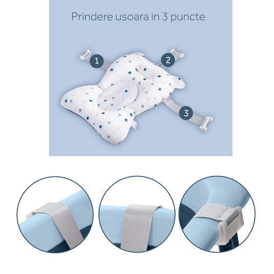 Cadita bebelusi pliabila cu pernuta UniqViBE®, termometru incorporat, cana pentru clatire tip jucarie, suport cap de dus si pentru sapun, cu perna din material hipoalergenic, lavabil cu uscare rapida, picioare antiderapante, design Ergonomic, Blue Royal