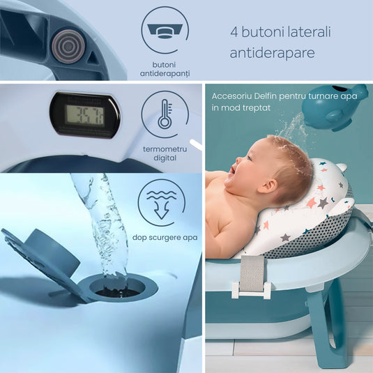 Cadita bebelusi pliabila cu pernuta UniqViBE®, termometru incorporat, cana pentru clatire tip jucarie, suport cap de dus si pentru sapun, cu perna din material hipoalergenic, lavabil cu uscare rapida, picioare antiderapante, design Ergonomic, Blue Royal