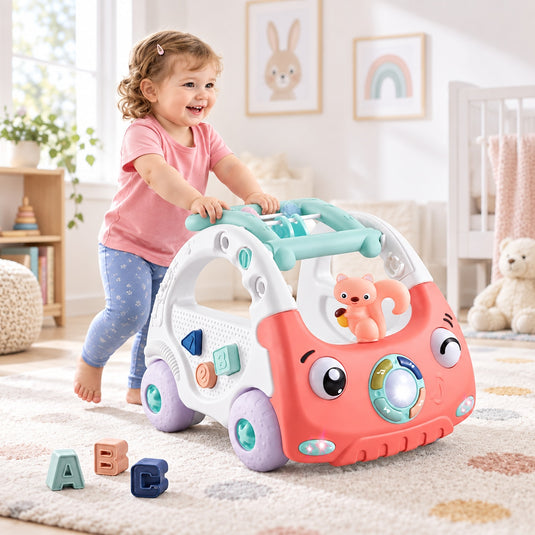 Antemergator Multifunctional 3in1, Discovery Car Drive and Play, Centru de Activitati Muzical in Forma de Masinuta, Cu Cuburi, Margele Rotative, Veverita, 6-36 luni, Roz Corai
