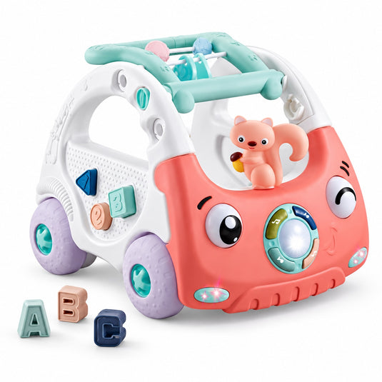 Antemergator Multifunctional 3in1, Discovery Car Drive and Play, Centru de Activitati Muzical in Forma de Masinuta, Cu Cuburi, Margele Rotative, Veverita, 6-36 luni, Roz Corai
