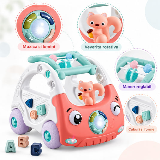 Antemergator Multifunctional 3in1, Discovery Car Drive and Play, Centru de Activitati Muzical in Forma de Masinuta, Cu Cuburi, Margele Rotative, Veverita, 6-36 luni, Roz Corai