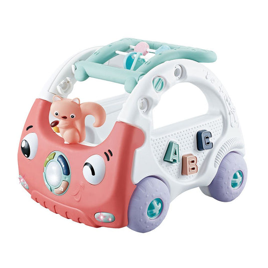 Antemergator Multifunctional 3in1, Discovery Car Drive and Play, Centru de Activitati Muzical in Forma de Masinuta, Cu Cuburi, Margele Rotative, Veverita, 6-36 luni, Roz Corai