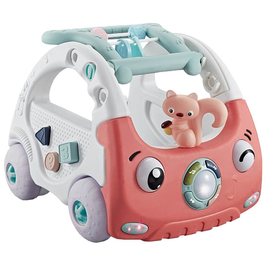 Antemergator Multifunctional 3in1, Discovery Car Drive and Play, Centru de Activitati Muzical in Forma de Masinuta, Cu Cuburi, Margele Rotative, Veverita, 6-36 luni, Roz Corai