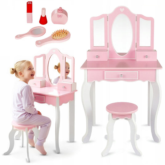 Masuta Mare de Machiaj pentru Fetite cu Scaunel Inclus, KinderVibe, din Lemn de Calitate, Oglinzi Sigure si Mobile, Sertare Incapatoare, Accesorii Colorate, Structura Solida si Stabila, 105.5 Cm Inaltime, Roz
