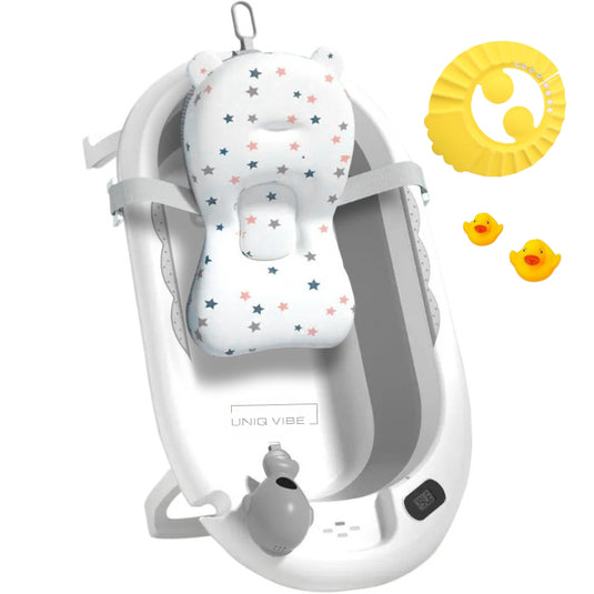Cadita bebelusi pliabila cu pernuta UniqViBE®, termometru incorporat, cana pentru clatire tip jucarie, suport cap de dus si pentru sapun, 2 ratuste si casca protectie incluse, picioare antiderapante, design Ergonomic, Royal Gray