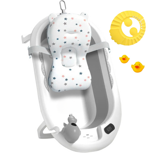 Cadita bebelusi pliabila cu pernuta UniqViBE®, termometru incorporat, cana pentru clatire tip jucarie, suport cap de dus si pentru sapun, 2 ratuste si casca protectie incluse, picioare antiderapante, design Ergonomic, Royal Gray
