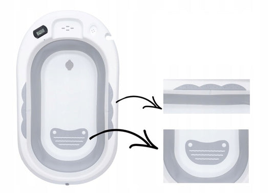 Cadita bebelusi pliabila cu pernuta UniqViBE®, termometru incorporat, cana pentru clatire tip jucarie, suport cap de dus si pentru sapun, 2 ratuste si casca protectie incluse, picioare antiderapante, design Ergonomic, Royal Gray