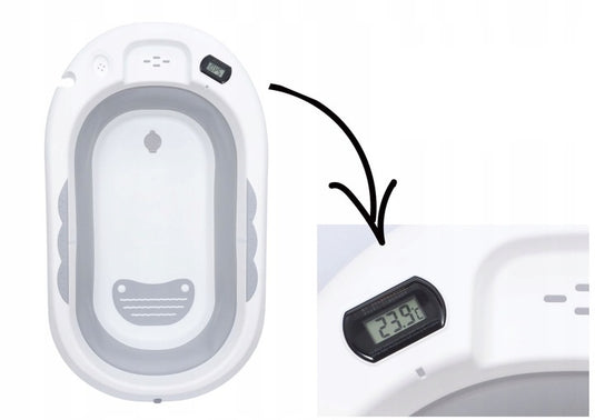 Cadita bebelusi pliabila cu pernuta UniqViBE®, termometru incorporat, cana pentru clatire tip jucarie, suport cap de dus si pentru sapun, 2 ratuste si casca protectie incluse, picioare antiderapante, design Ergonomic, Royal Gray