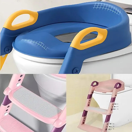 Reductor de Toaleta pentru Copii, Multifunctional KiddoMAX® cu Doua Scari Reglabile, Perna Confortabila, Design Anti-Stropire, Baza Antiderapanta, Inaltime Reglabila, Pliabil, Lavabil, Spatar si Manere, Compatibilitate Universala, Baby Pink