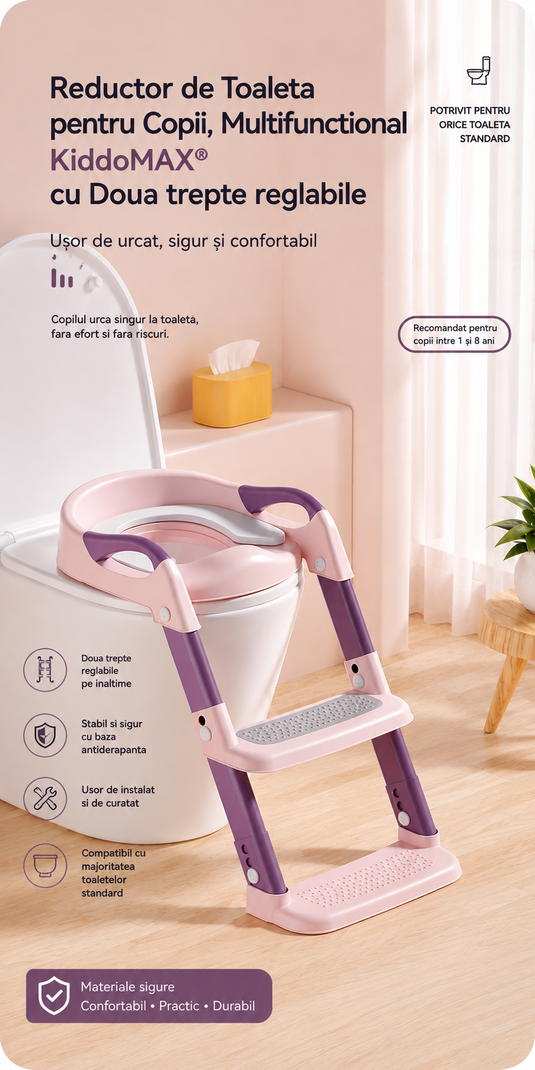 Reductor de Toaleta pentru Copii, Multifunctional KiddoMAX® cu Doua Scari Reglabile, Perna Confortabila, Design Anti-Stropire, Baza Antiderapanta, Inaltime Reglabila, Pliabil, Lavabil, Spatar si Manere, Compatibilitate Universala, Baby Pink