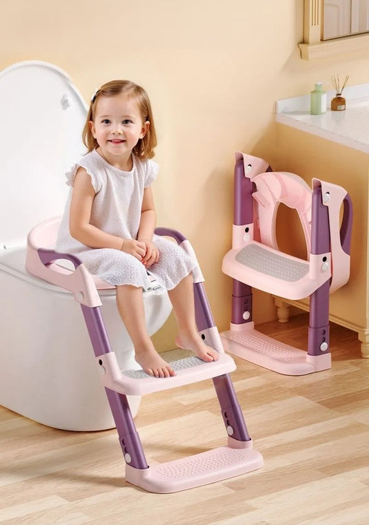 Reductor de Toaleta pentru Copii, Multifunctional KiddoMAX® cu Doua Scari Reglabile, Perna Confortabila, Design Anti-Stropire, Baza Antiderapanta, Inaltime Reglabila, Pliabil, Lavabil, Spatar si Manere, Compatibilitate Universala, Baby Pink