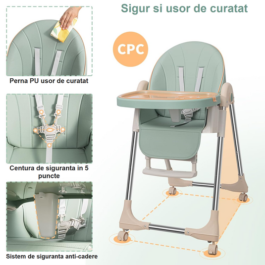 Scaun de Masa Pliabil 5 in 1 KinderVIBE®, 6 Luni +, 5 Pozitii inclinare Spatar, Stabil, Centura de Siguranta cu Reglaj in 5 Puncte, Ajustabil pe Inaltime, Tavita Reglabila si Detasabila, Rezistent la Murdarie, Picioare Antiderapante, Roti, Mint Green