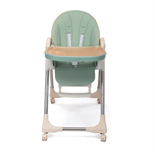 Scaun de Masa Pliabil 5 in 1 KinderVIBE®, 6 Luni +, 5 Pozitii inclinare Spatar, Stabil, Centura de Siguranta cu Reglaj in 5 Puncte, Ajustabil pe Inaltime, Tavita Reglabila si Detasabila, Rezistent la Murdarie, Picioare Antiderapante, Roti, Mint Green