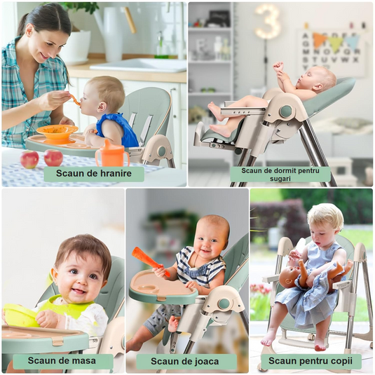 Scaun de Masa Pliabil 5 in 1 KinderVIBE®, 6 Luni +, 5 Pozitii inclinare Spatar, Stabil, Centura de Siguranta cu Reglaj in 5 Puncte, Ajustabil pe Inaltime, Tavita Reglabila si Detasabila, Rezistent la Murdarie, Picioare Antiderapante, Roti, Mint Green