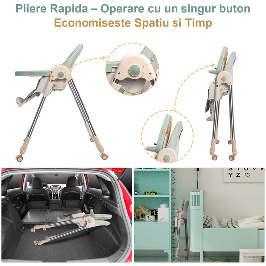 Scaun de Masa Pliabil 5 in 1 KinderVIBE®, 6 Luni +, 5 Pozitii inclinare Spatar, Stabil, Centura de Siguranta cu Reglaj in 5 Puncte, Ajustabil pe Inaltime, Tavita Reglabila si Detasabila, Rezistent la Murdarie, Picioare Antiderapante, Roti, Mint Green