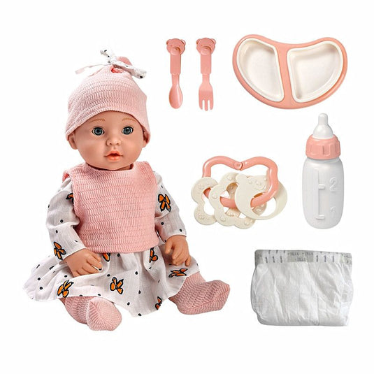 Papusa Bebelus, LUCKYBABY, 6 Accesorii: Scutec, Zornaitoare, Biberon, Farfurie si Tacamuri, Inaltime 40cm, Indiggo®, Alb/Roz