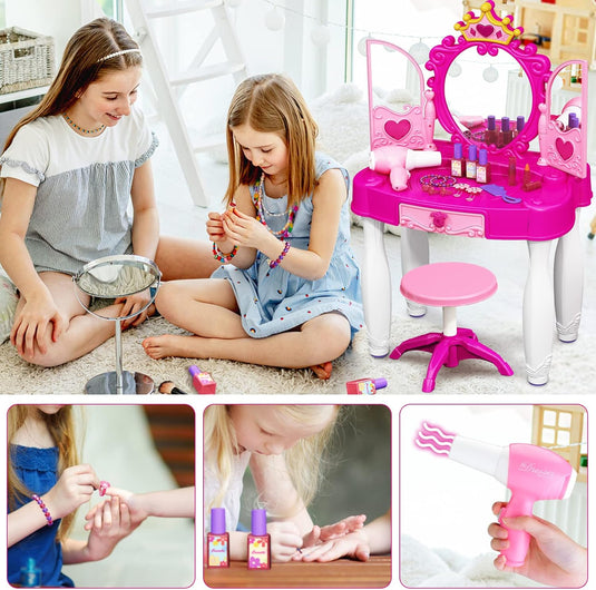 Masuta de Machiaj pentru Fetite KinderVibe™, cu Oglinda, Scaunel, Accesorii Infrumusetare, Mufa pentru MP3 Player, cu Lumini si Sunete, Inaltime 72 cm