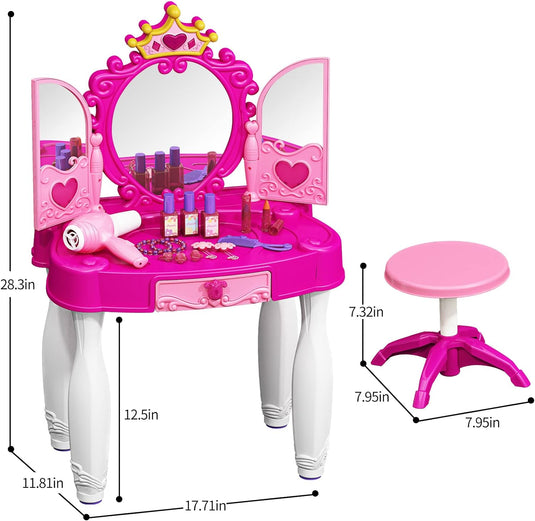 Masuta de Machiaj pentru Fetite KinderVibe™, cu Oglinda, Scaunel, Accesorii Infrumusetare, Mufa pentru MP3 Player, cu Lumini si Sunete, Inaltime 72 cm