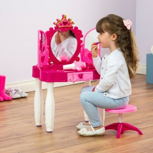 Masuta de Machiaj pentru Fetite KinderVibe™, cu Oglinda, Scaunel, Accesorii Infrumusetare, Mufa pentru MP3 Player, cu Lumini si Sunete, Inaltime 72 cm