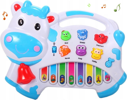 Pian Interactiv in Forma de Vacuta, Include Cantecele in Limba Engleza, cu Sunete de Animale, Functie Switch, 24x18 cm, Indiggo, Alb/Albastru