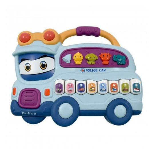 Pian Interactiv pentru Copii, PoliceCar, Reda Notele Muzicale, Include Cantecele in Limba Engleza, cu Sunete de Animale, Functie Switch, Capteaza Atentia Copiilor, 20x16.5x4 cm, Indiggo, Albastru