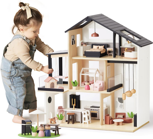 Casuta de Papusi din Lemn MDF BabyBoutique Indiggo® cu Terasa Mare, Gradina si Gratar, 49 de Accesorii, 3 Etaje, Doua Dormitoare, Living, Mansarda, Bucatarie, 4 Figurine, Catelus, Functii Multiple / Piese Mobile, Design Modern, 79 CM Inaltime, White/Black