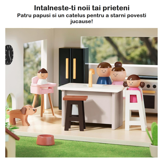 Casuta de Papusi din Lemn MDF BabyBoutique Indiggo® cu Terasa Mare, Gradina si Gratar, 49 de Accesorii, 3 Etaje, Doua Dormitoare, Living, Mansarda, Bucatarie, 4 Figurine, Catelus, Functii Multiple / Piese Mobile, Design Modern, 79 CM Inaltime, White/Black
