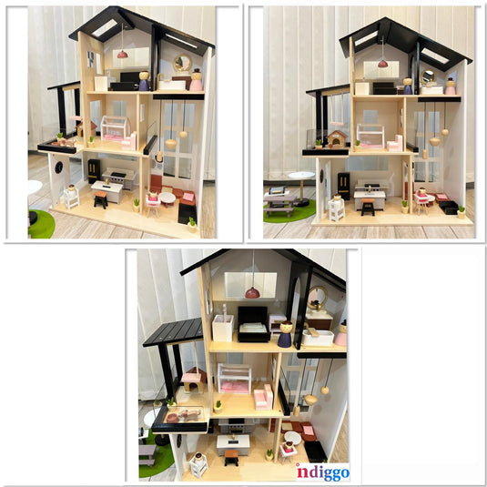 Casuta de Papusi din Lemn MDF BabyBoutique Indiggo® cu Terasa Mare, Gradina si Gratar, 49 de Accesorii, 3 Etaje, Doua Dormitoare, Living, Mansarda, Bucatarie, 4 Figurine, Catelus, Functii Multiple / Piese Mobile, Design Modern, 79 CM Inaltime, White/Black