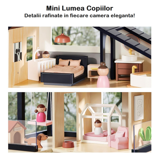 Casuta de Papusi din Lemn MDF BabyBoutique Indiggo® cu Terasa Mare, Gradina si Gratar, 49 de Accesorii, 3 Etaje, Doua Dormitoare, Living, Mansarda, Bucatarie, 4 Figurine, Catelus, Functii Multiple / Piese Mobile, Design Modern, 79 CM Inaltime, White/Black