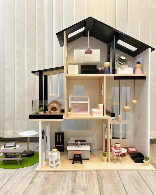 Casuta de Papusi din Lemn MDF BabyBoutique Indiggo® cu Terasa Mare, Gradina si Gratar, 49 de Accesorii, 3 Etaje, Doua Dormitoare, Living, Mansarda, Bucatarie, 4 Figurine, Catelus, Functii Multiple / Piese Mobile, Design Modern, 79 CM Inaltime, White/Black
