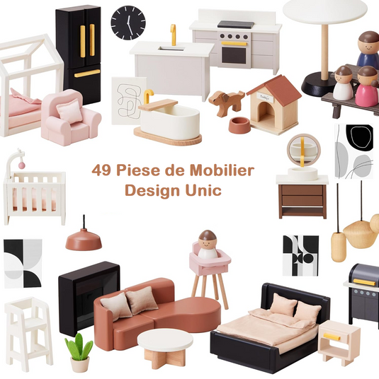 Casuta de Papusi din Lemn MDF BabyBoutique Indiggo® cu Terasa Mare, Gradina si Gratar, 49 de Accesorii, 3 Etaje, Doua Dormitoare, Living, Mansarda, Bucatarie, 4 Figurine, Catelus, Functii Multiple / Piese Mobile, Design Modern, 79 CM Inaltime, White/Black