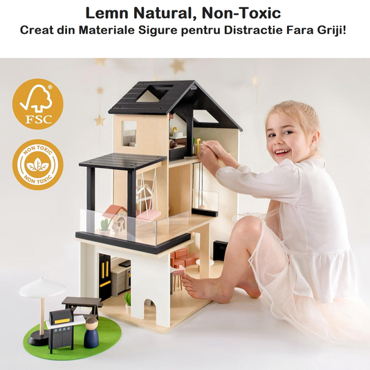Casuta de Papusi din Lemn MDF BabyBoutique Indiggo® cu Terasa Mare, Gradina si Gratar, 49 de Accesorii, 3 Etaje, Doua Dormitoare, Living, Mansarda, Bucatarie, 4 Figurine, Catelus, Functii Multiple / Piese Mobile, Design Modern, 79 CM Inaltime, White/Black