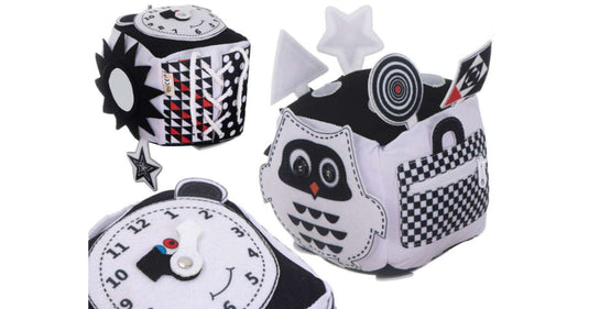 Cub Educativ si Senzorial, cu 6 Fete, FunBusyCube, Pentru Dezvoltare Senzoriala si Vizuala a Bebelusilor, Culori Contrastante, Dimensiuni Adecvate, Texturi Tactile Diferite