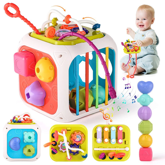 Cub Educativ si Senzorial, cu Activitati Montessori, 7in1, CuriousBaby, Include Sortator de Forme, Snur de tragere, cu Xilofon si Labirint de Margele, Promoveaza Explorarea Tactila, Dezvolta Functiile Motorii