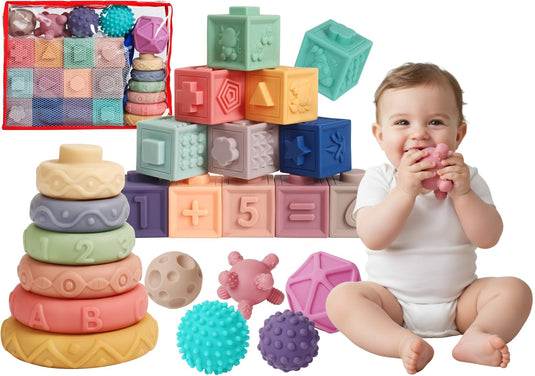 Set Cuburi Senzoriale pentru Bebelusi, din Cauciuc Moale, Contine 24 Piese, Diferite Forme, Pentru Stivuire, Pentru Constructii, Sigure Pentru a fi Rontaite, 10 luni+, Multicolor