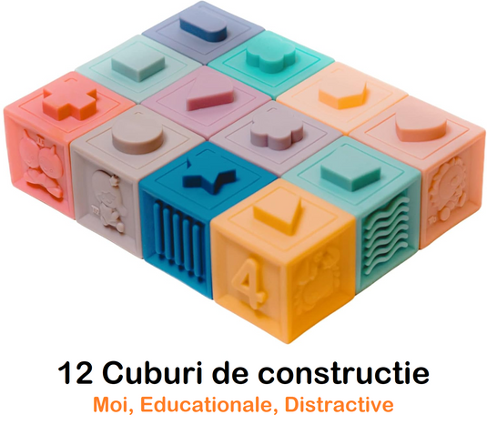 Set Cuburi Senzoriale pentru Bebelusi, din Cauciuc Moale, Contine 24 Piese, Diferite Forme, Pentru Stivuire, Pentru Constructii, Sigure Pentru a fi Rontaite, 10 luni+, Multicolor