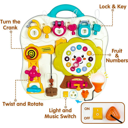 Panou cu Activitati Montessori Smartybaby, Jucarie Muzicala, Lampa LED, Macara, Ceas, Numere, Fructe, Culori si Forme, Elemente Mobile, Distractiv si Educativ
