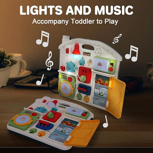 Panou cu Activitati Montessori BusyBoard Home, Jucarie Muzicala, Lampa LED, Masina de Spalat, Frigider, Cuptor Microunde, Ceainic, Prize, Distractiv si Educativ