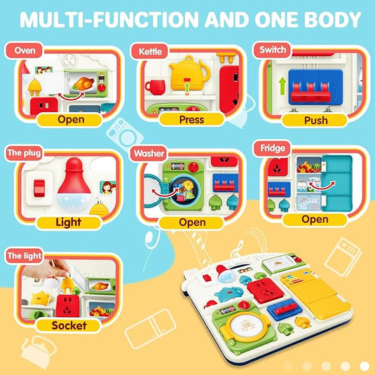 Panou cu Activitati Montessori BusyBoard Home, Jucarie Muzicala, Lampa LED, Masina de Spalat, Frigider, Cuptor Microunde, Ceainic, Prize, Distractiv si Educativ