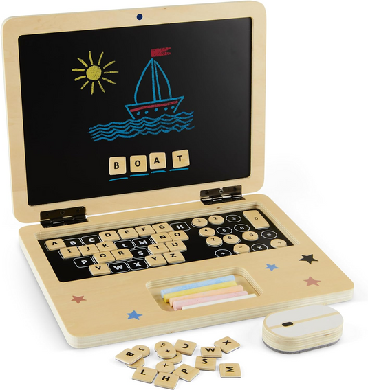 Laptop din Lemn pentru Copii Stil Montessori JuniorTECH KinderVibe™ Multifunctional, 41 de Taste Magnetice, Mouse 2in1 Functie Guma de Sters, Creta 5 Culori, Litere, Cifre, Simboluri Matematice, Educational, Fara Margini Ascutite, Portabil, Wood