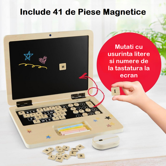 Laptop din Lemn pentru Copii Stil Montessori JuniorTECH KinderVibe™ Multifunctional, 41 de Taste Magnetice, Mouse 2in1 Functie Guma de Sters, Creta 5 Culori, Litere, Cifre, Simboluri Matematice, Educational, Fara Margini Ascutite, Portabil, Wood