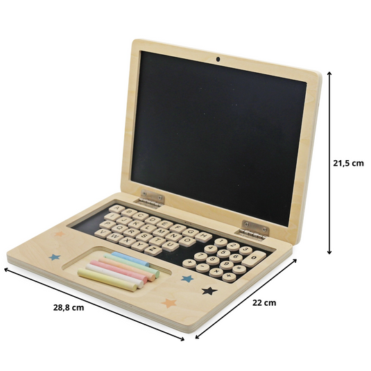 Laptop din Lemn pentru Copii Stil Montessori JuniorTECH KinderVibe™ Multifunctional, 41 de Taste Magnetice, Mouse 2in1 Functie Guma de Sters, Creta 5 Culori, Litere, Cifre, Simboluri Matematice, Educational, Fara Margini Ascutite, Portabil, Wood