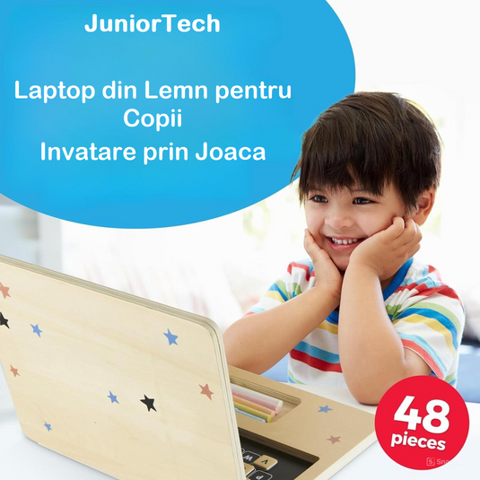 Laptop din Lemn pentru Copii Stil Montessori JuniorTECH KinderVibe™ Multifunctional, 41 de Taste Magnetice, Mouse 2in1 Functie Guma de Sters, Creta 5 Culori, Litere, Cifre, Simboluri Matematice, Educational, Fara Margini Ascutite, Portabil, Wood