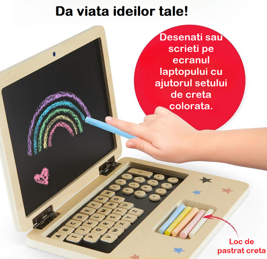 Laptop din Lemn pentru Copii Stil Montessori JuniorTECH KinderVibe™ Multifunctional, 41 de Taste Magnetice, Mouse 2in1 Functie Guma de Sters, Creta 5 Culori, Litere, Cifre, Simboluri Matematice, Educational, Fara Margini Ascutite, Portabil, Wood