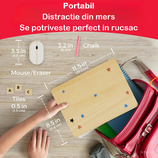 Laptop din Lemn pentru Copii Stil Montessori JuniorTECH KinderVibe™ Multifunctional, 41 de Taste Magnetice, Mouse 2in1 Functie Guma de Sters, Creta 5 Culori, Litere, Cifre, Simboluri Matematice, Educational, Fara Margini Ascutite, Portabil, Wood