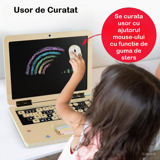 Laptop din Lemn pentru Copii Stil Montessori JuniorTECH KinderVibe™ Multifunctional, 41 de Taste Magnetice, Mouse 2in1 Functie Guma de Sters, Creta 5 Culori, Litere, Cifre, Simboluri Matematice, Educational, Fara Margini Ascutite, Portabil, Wood